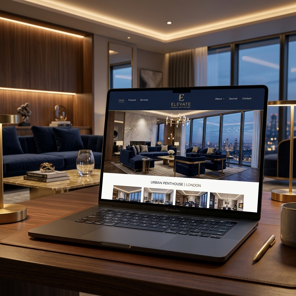Luxury interior designer portfolio website design on a MacBook Pro — Pixel Precision Web